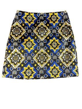 LOFT Petite Metallic Jacquard Mini Skirt Blue Gold Tile Print Size OP Preppy